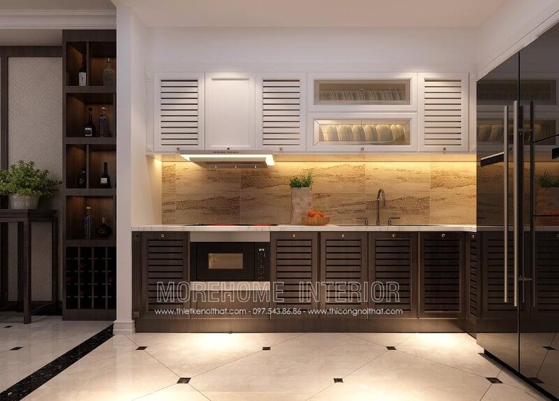 Thiết kế tủ bếp cho chung cư, nhà phố phong cách hiện đại, chất liệu gỗ sồi phun sơn nhập khẩu kết hợp thiết bị nhà bếp hiện đại đã phát huy được tối đa công năng sử dụng cũng như mang lại vẻ đẹp sang trọng cho không gian.