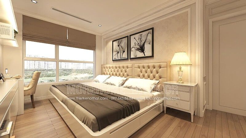 Trang trang trí phòng ngủ chung cư ấn tượng, chiếc giường hiện đại tích hợp ngăn kéo ở phía dưới giúp tận dụng không gian, tạo nên vẻ đẹp độc đáo cho căn phòng