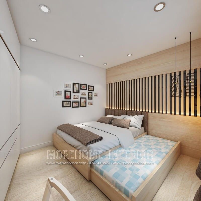 Giường ngủ hiện đại gam màu vàng thanh thoát với chất liệu chủ đạo là gỗ công nghiệp nhẹ nhàng, mang lại cảm giác cơi nới, rộng rãi hơn cho phòng ngủ nhỏ